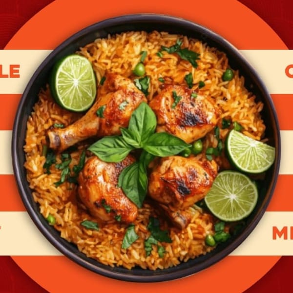 Maharaja Indian Restaurant's chicken biryani with lime wedges and fresh basil in a black bowl.